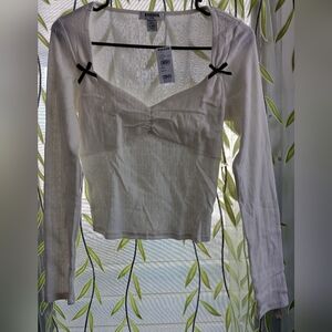 RSQ Cream Long Sleeve Blouse with Black Bow Accents